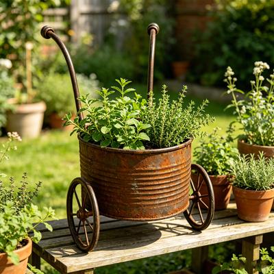 Metal Cart Floral Planting Container Rustic Metal Wheelbarrow Plant Container for Yard Backyard Patio Porch Windowsill Balcony