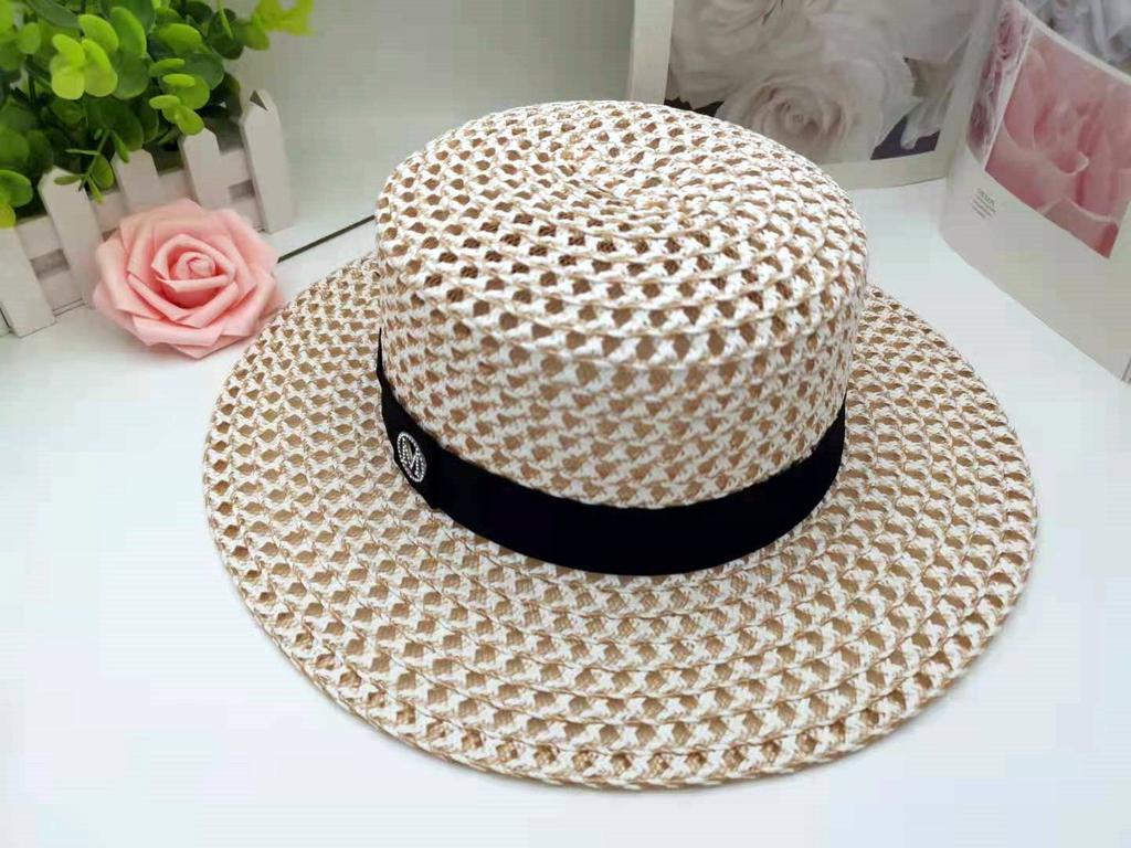 Ins Korean Mesh Flat Top Hat With M Logo, Black White Woven Straw, Summer New Fashion Sun Protection Fedora