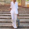 ZANZEA Two Piece Sets Women Long Sleeve Shirt Tops And Long Pants Wide Leg Trousers Casual Loose Suits Plus Size