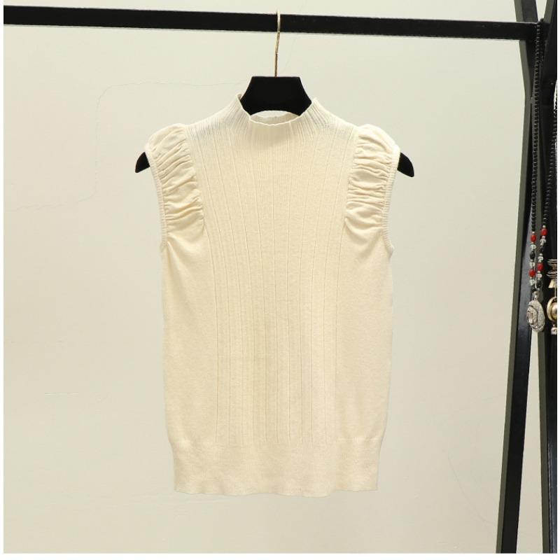 Summer New Simple Solid Color Semi-turtleneck Pleated Pullover Sweater Women Wear Sleeveless Vest Top