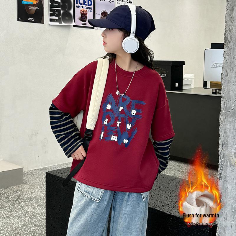 

2025 Girls Striped Fleece Sweatshirt - Thick, Warm Winter Kidswear 160cm червоний