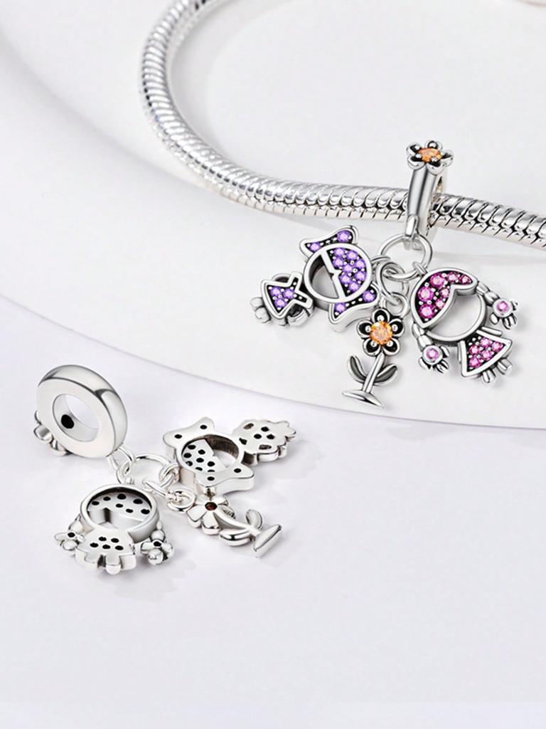 Charms Plata Heart-Shaped Happy Family Bead Charm Copper Plated Fit Charms Copper Original Bracelet For Jewelry Making Diy Charm