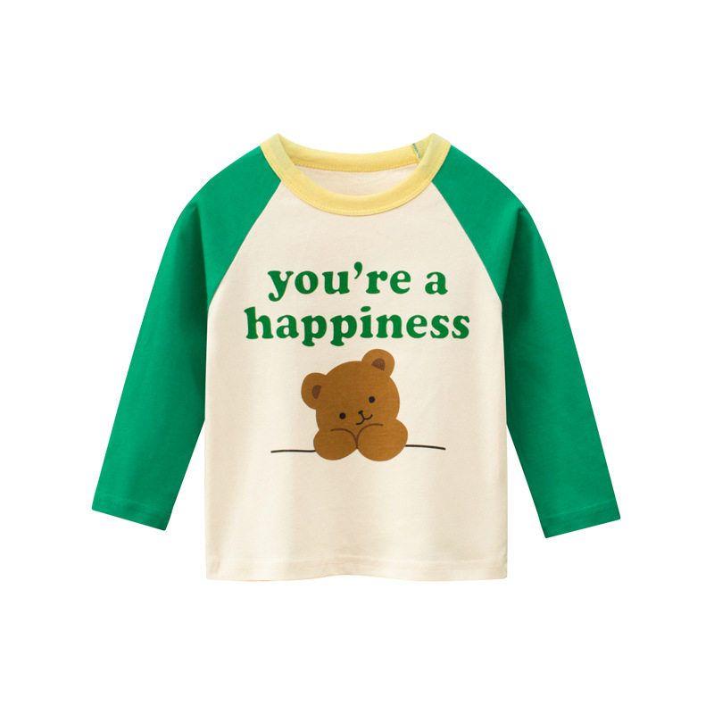 27home Long-Sleeved Bear Color Matching Clothes round Collar Children s Clothes Light Green 140 cm