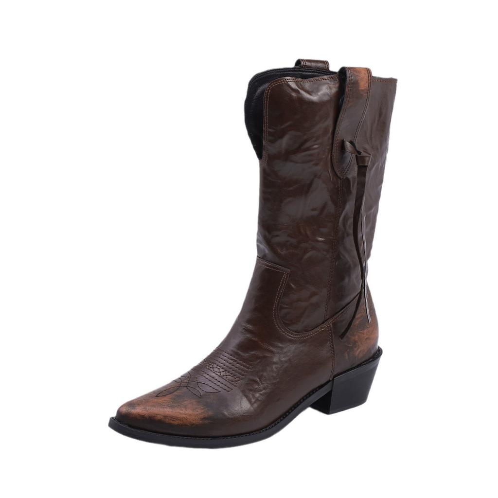 Polished Internet celebrity Western boots niche design sense embroidery pointed fashion boots women wear thick soles heightening women's boots