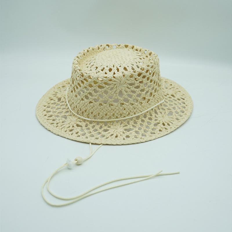 Japanese Korean Version Hollow Woven Beige Flat Top Top Top Hat Women'S Summer Sunshade Vacation Beach Straw Hat Small Fresh And Retro