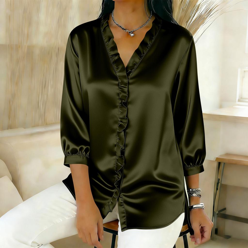 Ladies' Fashionable and Elegant Ruffled Collar Satin Blouse