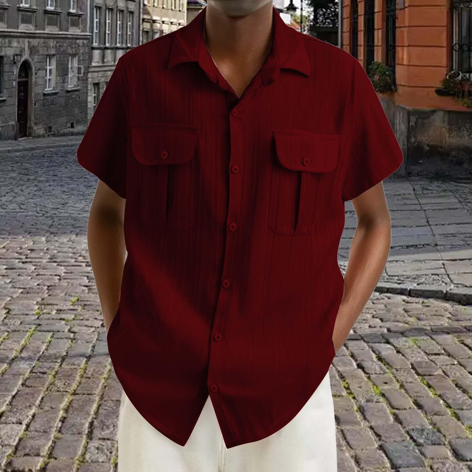 Men s Casual Short-sleeved Shirt Sports Loose Lapel Men s Shirt XXL винный