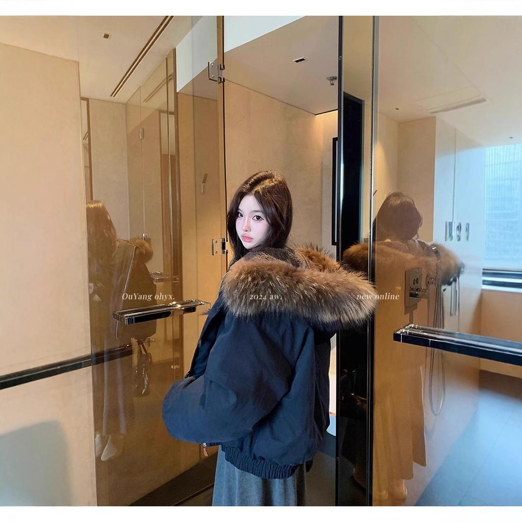 New Korean Version of Big Fur Collar Hooded Cotton Clothes Horn Buckle Thickened Warm Cotton-padded Clothes