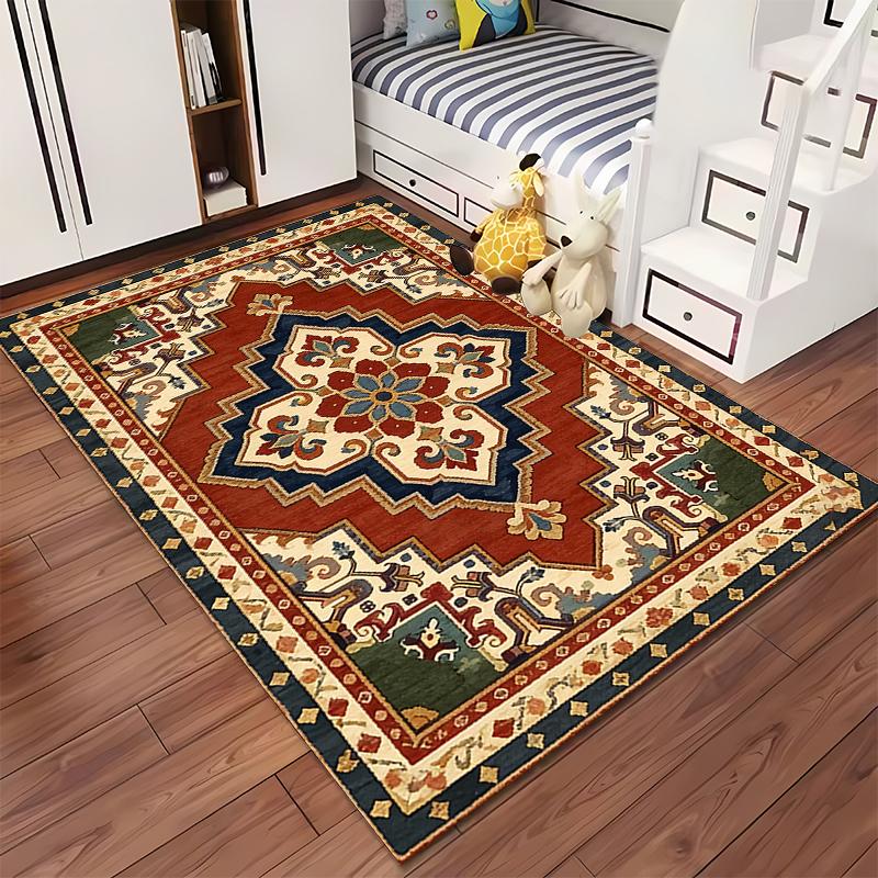 Vintage Bohemian Area Rug with Red Geometric Floral Pattern Design Suitable for Use As an Anti-slip for Living Room Bedroom Sofas