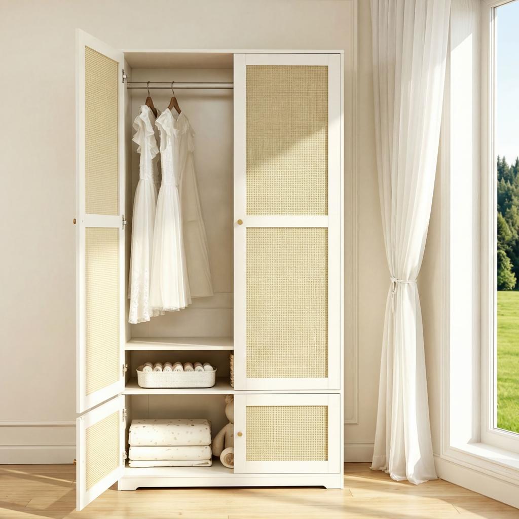 Rattan Wardrobe, 2-Door Wardrobes, Wardrobe, with Clothes Rail and Shelves, made of MDF and Lacquered Fronts, Bedroom Wardrobe, White, 90 x 48 x 180cm