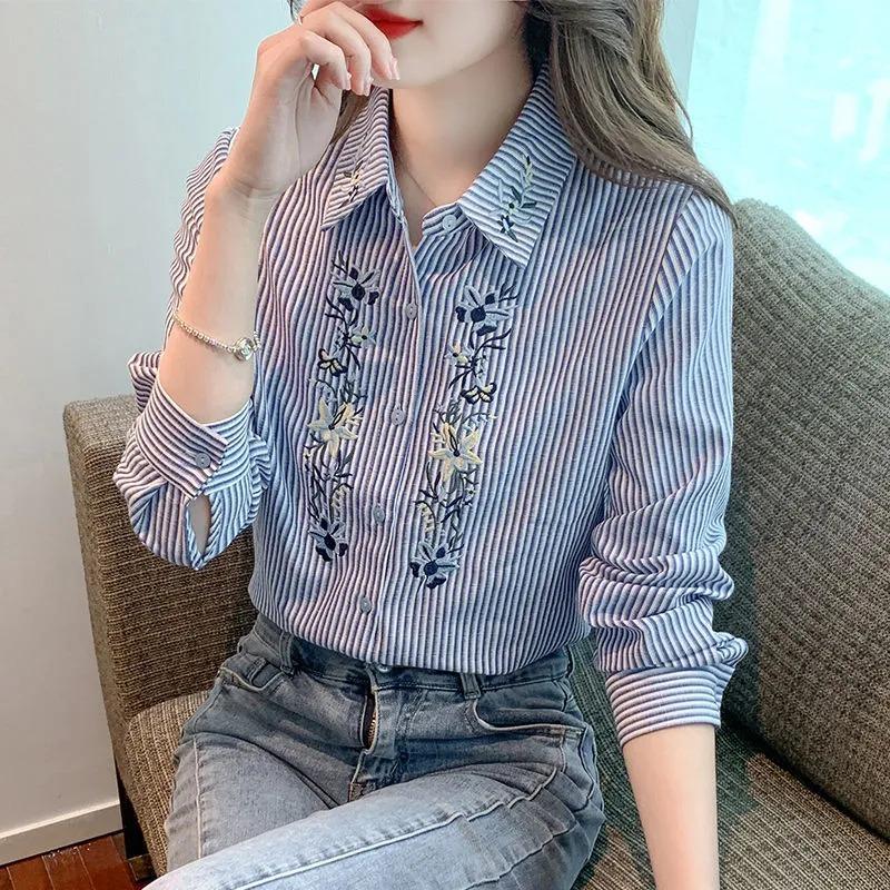 Striped Shirt Women's Long-sleeved Spring and Autumn New Fashion Women's Shirt Embroidery Age-reducing Tops Fashionable