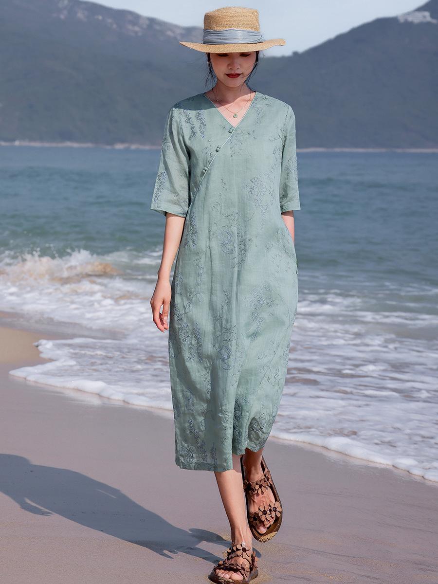 Retro Linen Embroidered V-Neck Cheongsam Style Dress for Women - 2026 Summer Collection S