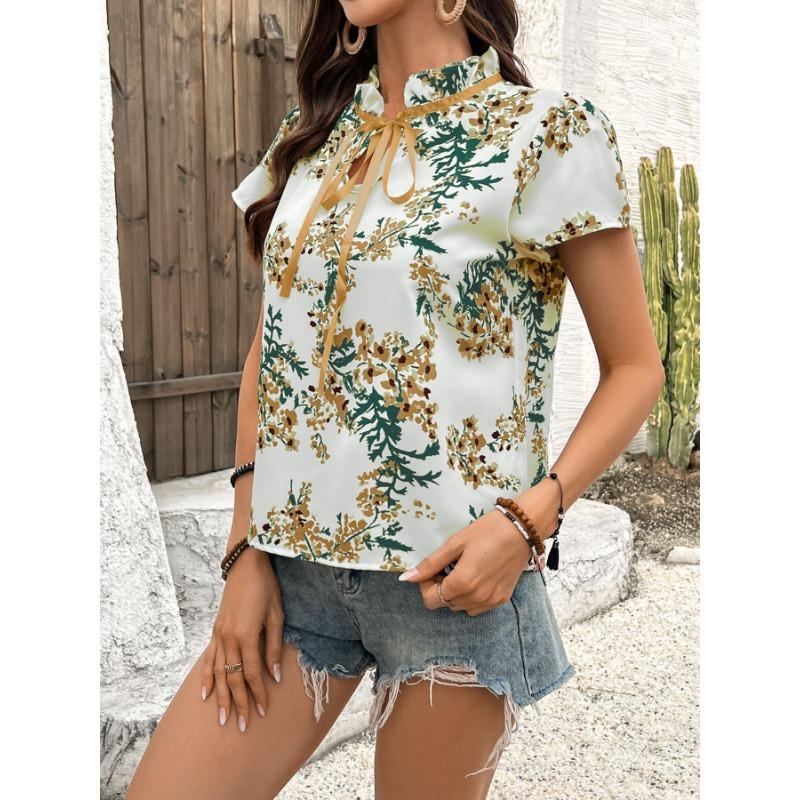 Spring and Summer Floral Print Lace Up Short Sleeved Women's Blouses & Shirts