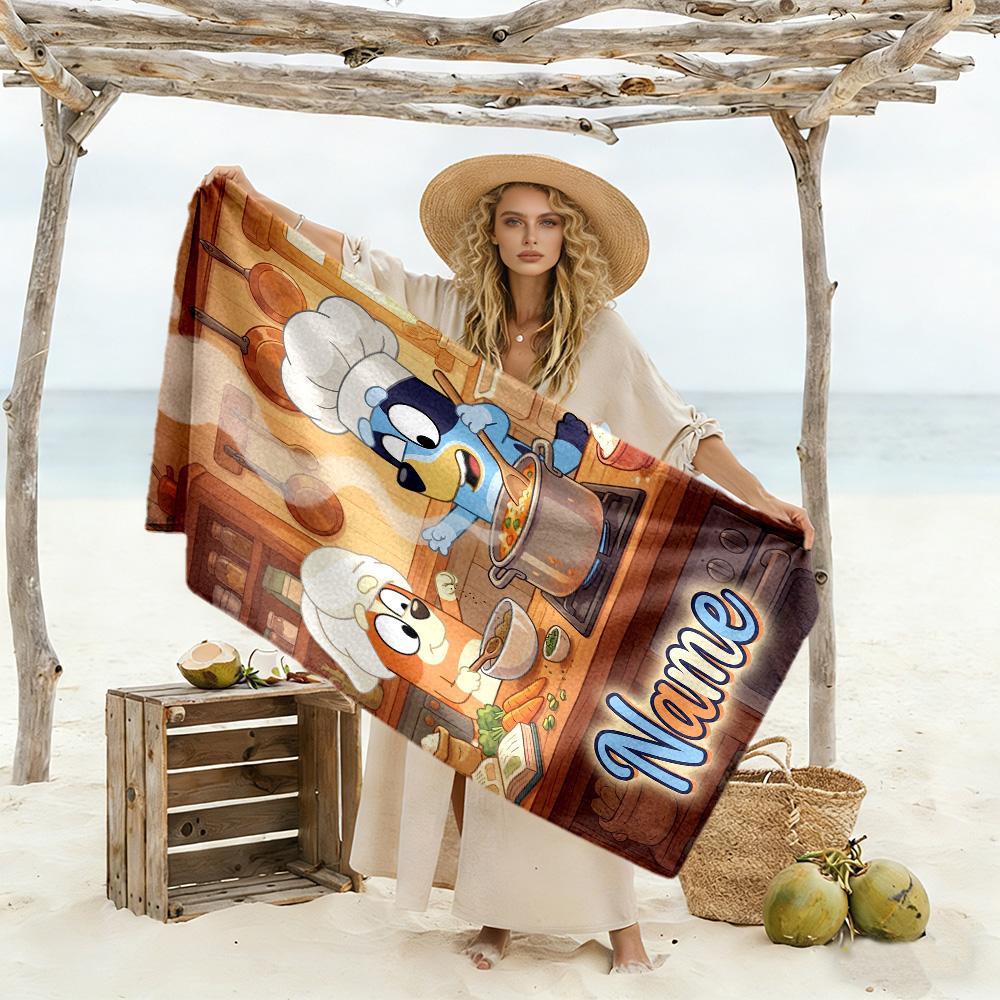 Bluey's Balloon Adventure Customizable Name Beach Towel High Absorbency & Quick-Dry Suitable for Swimming Gym Camping Yoga Vacation