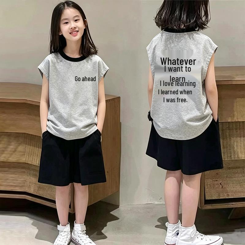 Girls' Cotton Color Block Vest Set – Stylish Sleeveless Summer Outfit for Medium To Large Children Aged 6-15