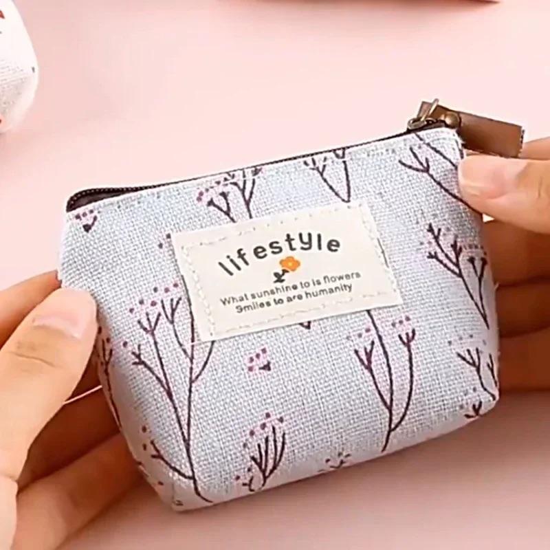 Small Fresh Canvas Coin Wallet, Fashionable Flower Pattern Zipper Bag, Earphone Key Storage Bag, Portable Zero Money Bag