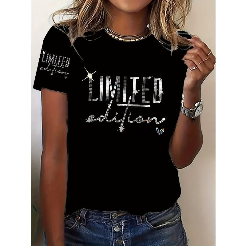 

European sizes Starry Sky Glamour, Trendy Women s Short Sleeve T-Shirt - Shimmering Star Print Design, Machine Washable 4XL чорний