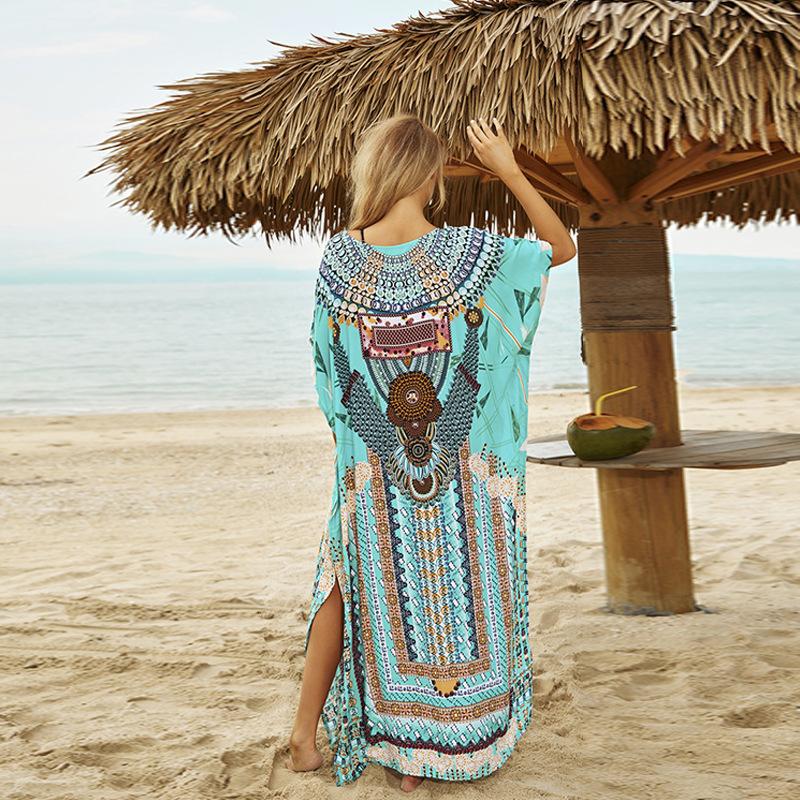 Cotton Print Loose Plus Size Dress Beach Jacket Vacation Dress Bikini Blouse Swimsuit