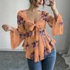 Women's Square Neck Watercolor Floral Print Long Sleeve Blouse with Tie Front, Casual Top