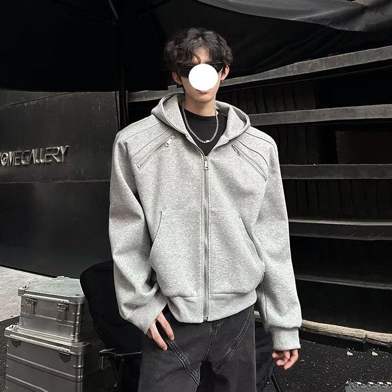Niche metal zipper deconstruction hooded sweater men's autumn and winter American ruffian handsome high-end shoulder padded jacket jacket tide