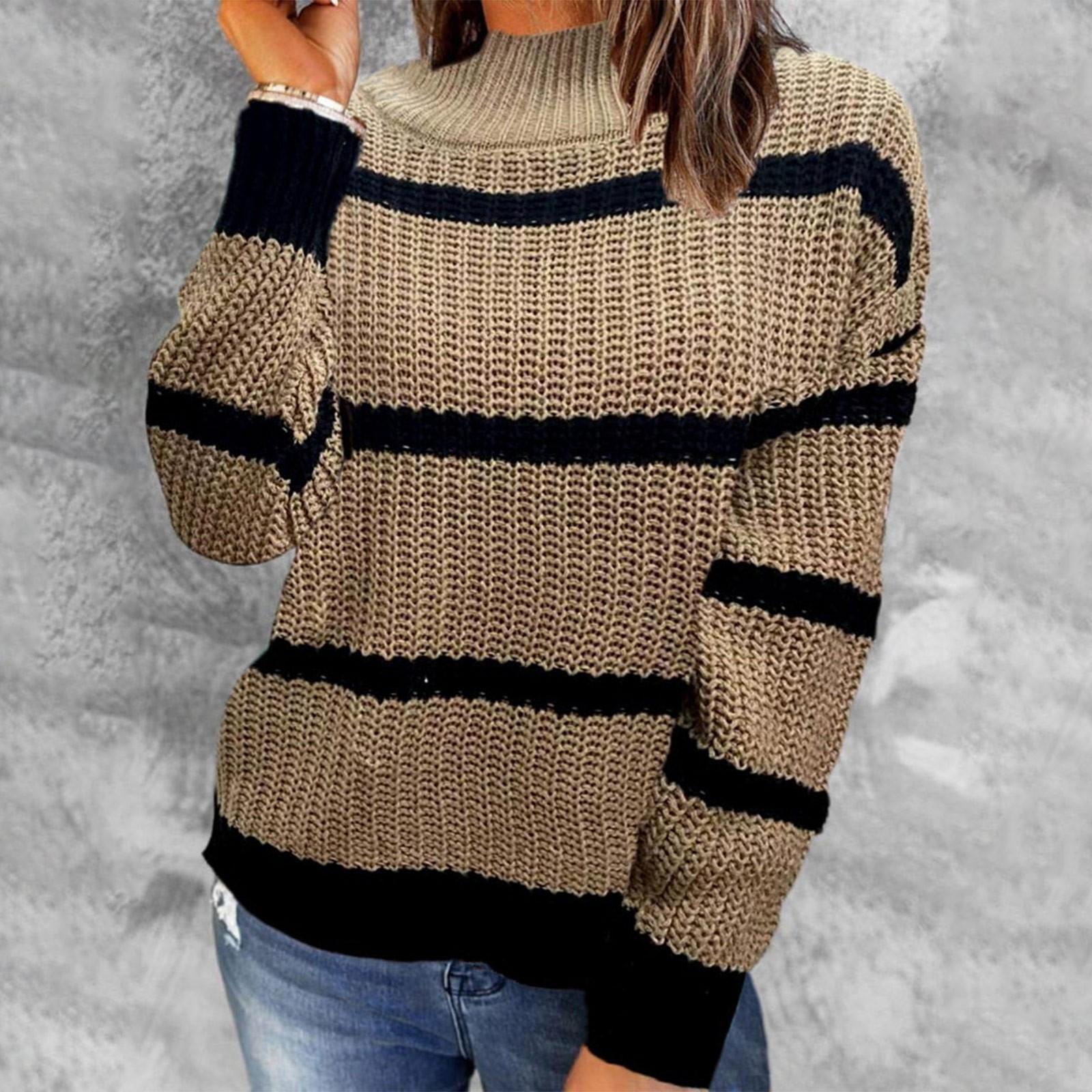 

Женская мода повседневный свитер с контрастными полосками и полувысоким воротом, вязаный пуловер
