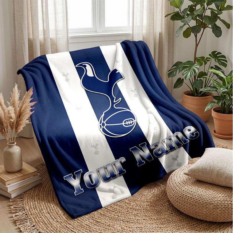 Tottenham Hotspur FC Custom Name Text Flannel Blanket Soccer Logo Personalized Fleece Throw Blanket Special Gift For Sofa Bedroom Home