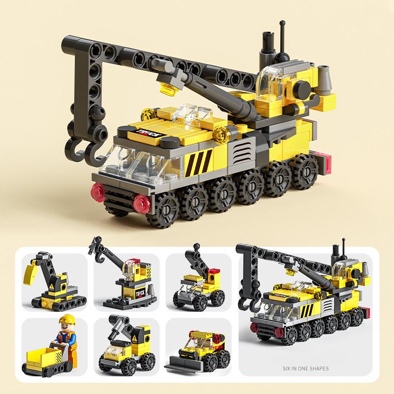 6 in 1 Mega City Building Set - Police Car, Fire Truck, Crane, Tank, Helicopter & More, Construction Engineering Toys Gift