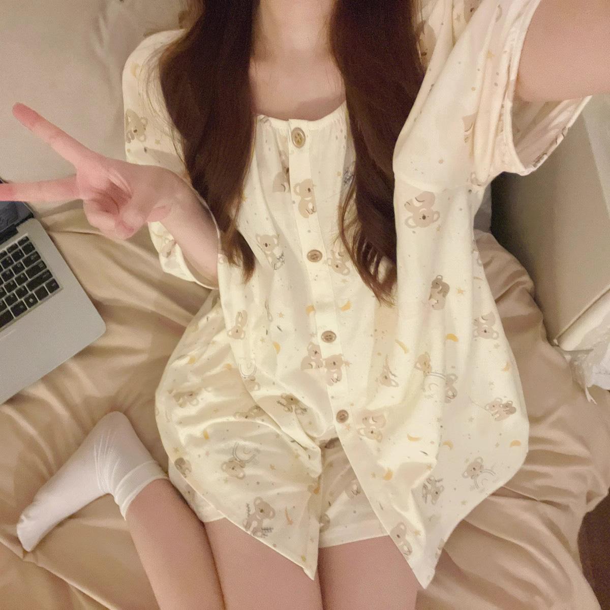 Women s Summer Cartoon Pajama Set - Short Sleeve, Shorts, Cardigan - Cloud Cotton, Round Neck M-L