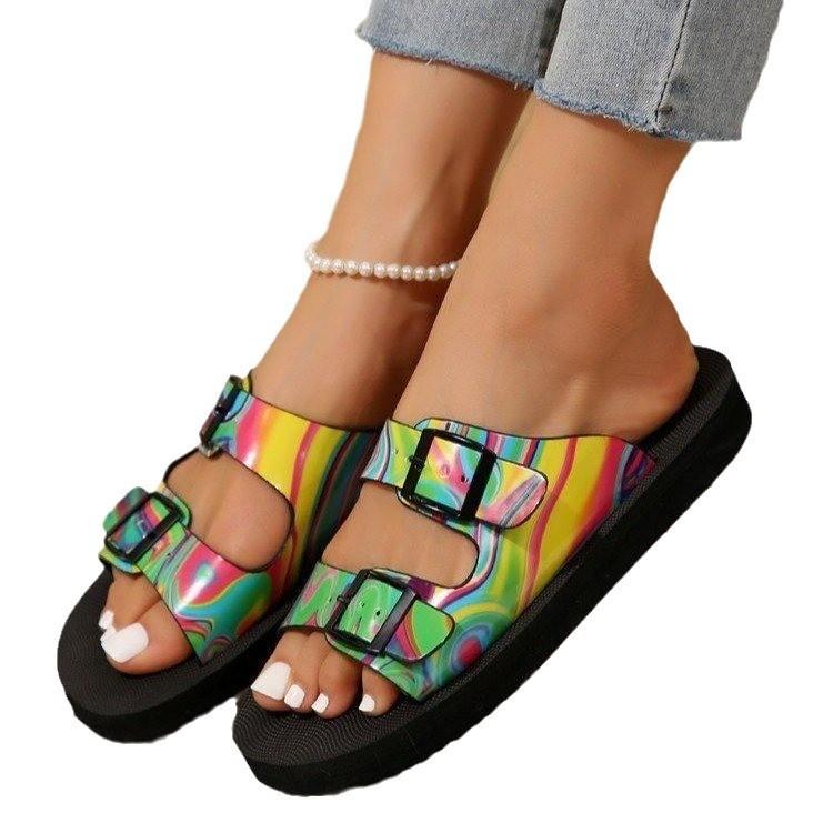 Thick-soled slippers women's omen lippers large size belt buckle light foam soft bottom colored slippers women