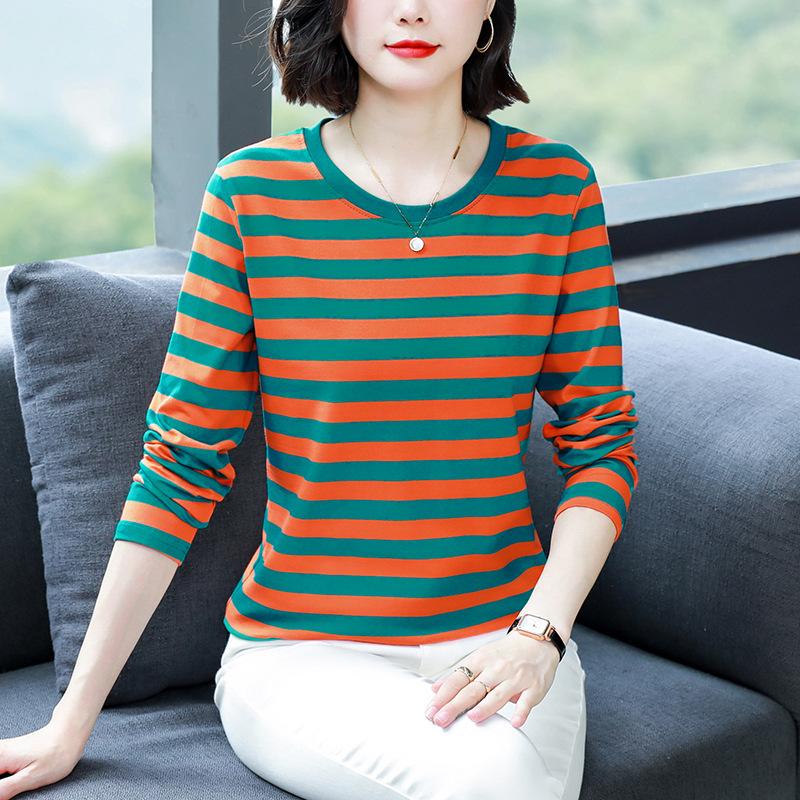 Women Plus Size Striped Long Sleeve T-Shirt O-Neck Cotton Loose Casual Fall Basic Base Top M-5XL