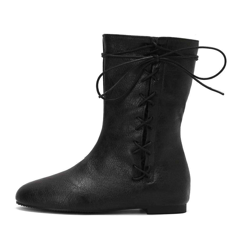 Women Mid Calf Boots Retro Cross Straps Flats Elegant Boots Spring Autumn Lace-Up Boots Party Shoes Round Toe Flat Booties Botas