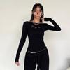 Y2K Retro Style Spicy Girl Letter Hot Diamond Low Neck Short Cut Exposed Navel Black Top for Women