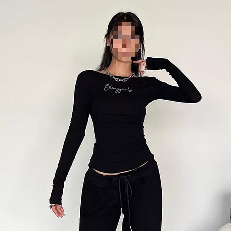 Y2K Retro Style Spicy Girl Letter Hot Diamond Low Neck Short Cut Exposed Navel Black Top for Women
