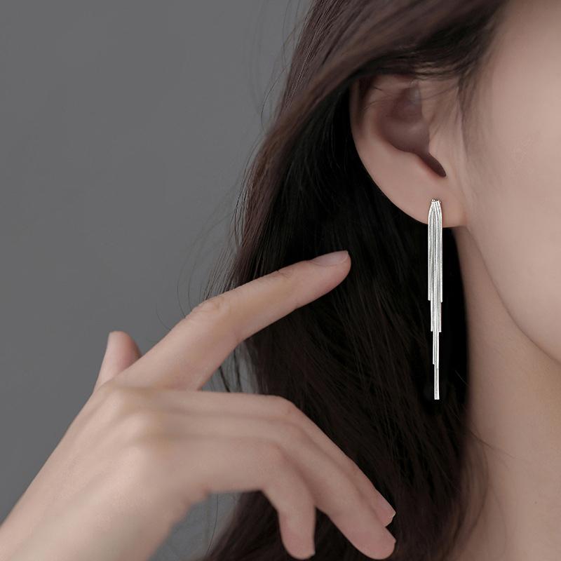 Real 925 Silver Chain Tassel Elegant Stud Earrings For Women Classic Fine Jewelry Light Accessories