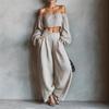 Two Piece Sets for Women Long Sleeve Off Shoulder Crop Top Wide Leg Pants Set Summer Vacation Going Out Outfits