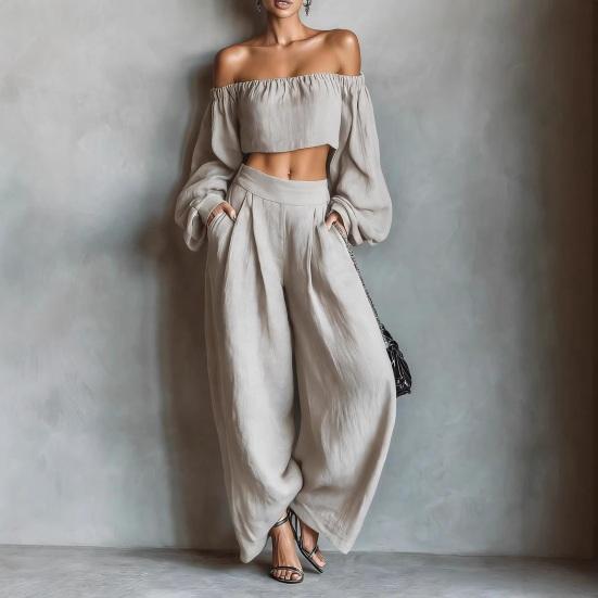 Two Piece Sets for Women Long Sleeve Off Shoulder Crop Top Wide Leg Pants Set Summer Vacation Going Out Outfits