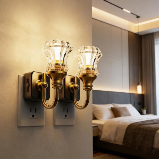 Vintage Plug-In Night Light with Resin Dusk-to-Dawn Sensor Brass Base LED Lamp Light Energy-Saving Ambient Night