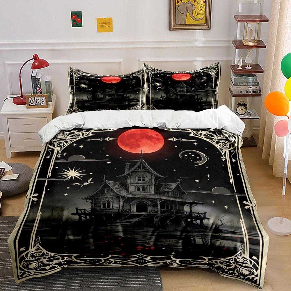 Haunted House, Red Moon. Bedding Sets Duvet Cover Sets Duvet Covers Pillowcases(1 * Duvet Cover 2 * Pillowcases Without Duvet Insert)