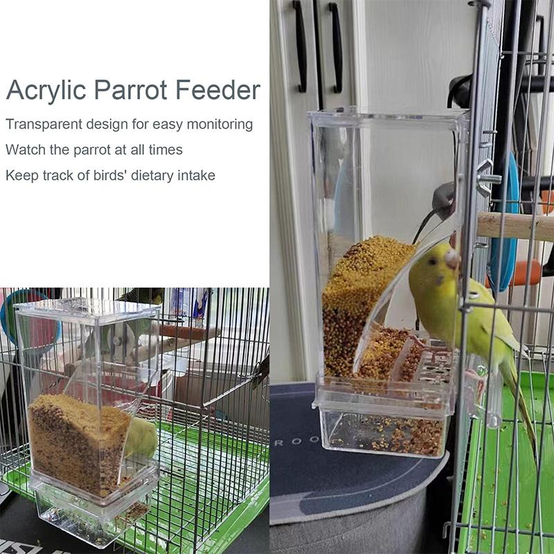 Automatischer Futterspender für Vogelkäfige ohne Kleckern, Transparente Acryl-Papageiensamenfutterspender mit Sitzstange, Wellensittich-Futterbehälter, Käfigzubehör