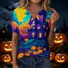 Camiseta casual de manga corta con cuello en V para mujer con botones decorativos Estampado de calabaza de Halloween Top para uso diario