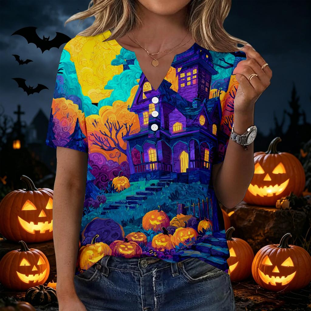 Camiseta casual de manga corta con cuello en V para mujer con botones decorativos Estampado de calabaza de Halloween Top para uso diario