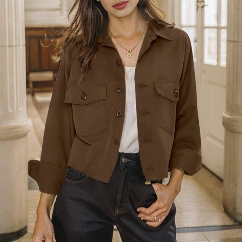 

ZANZEA Женские осенние однотонные куртки с воротником-рубашкой и длинным рукавом M коричневый