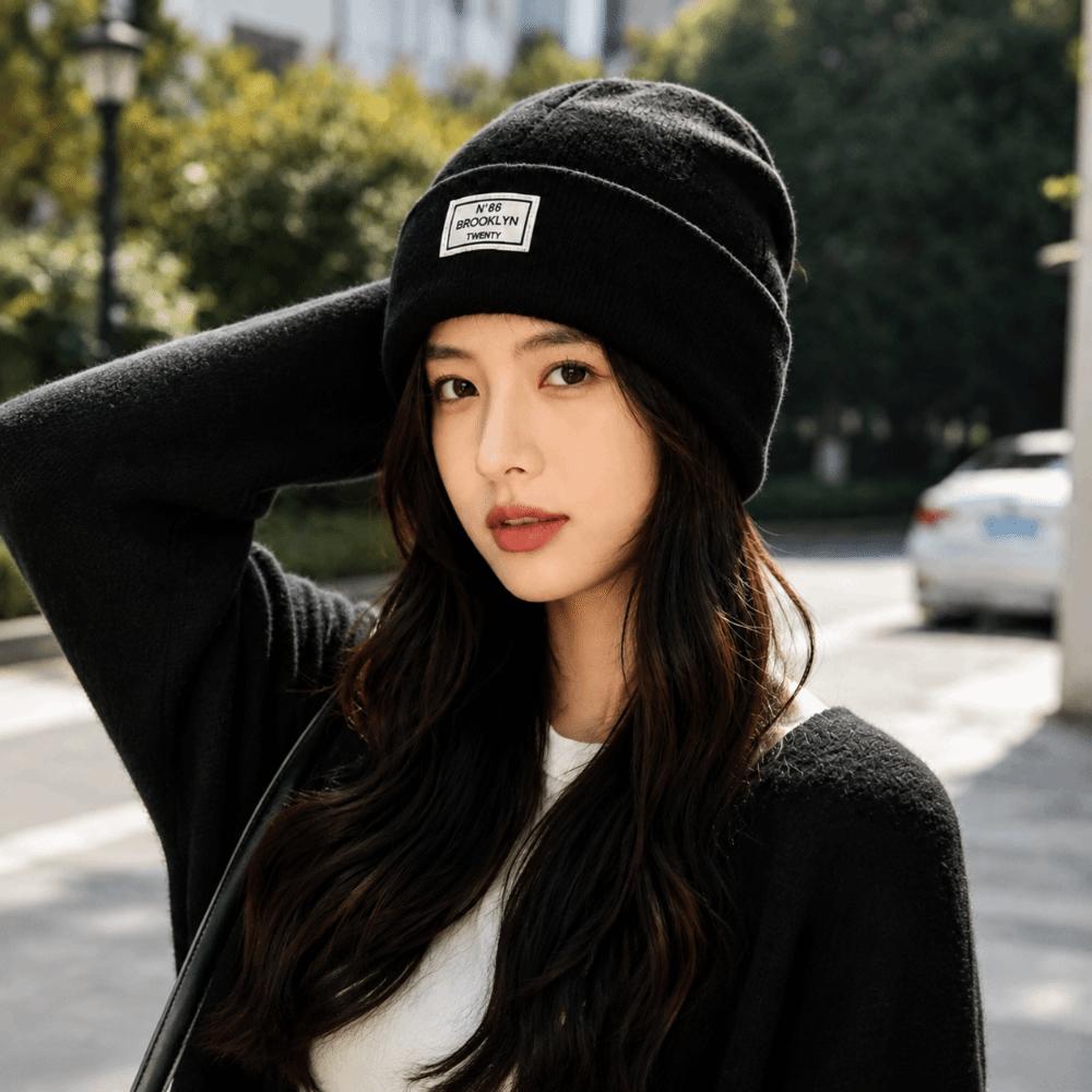 Letter Patch Pullover Cap Solid Color Crochet Hats Fashion Knitted Hat  Men