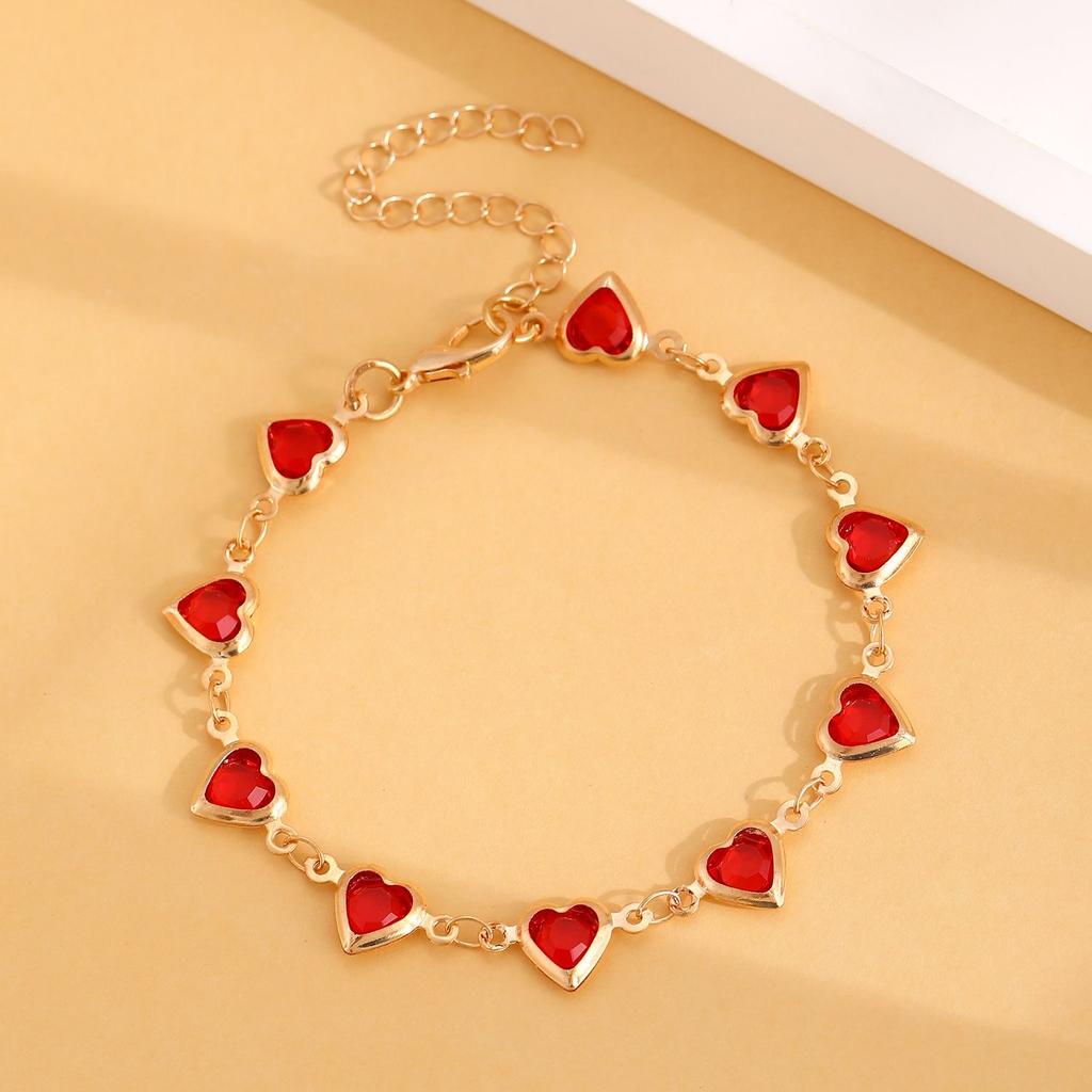 Elegant Red Crystal Zircon Metal Chain Women's Bracelet Red Heart-shaped Bracelet Party Wedding Girl Wrist Jewelry Gift