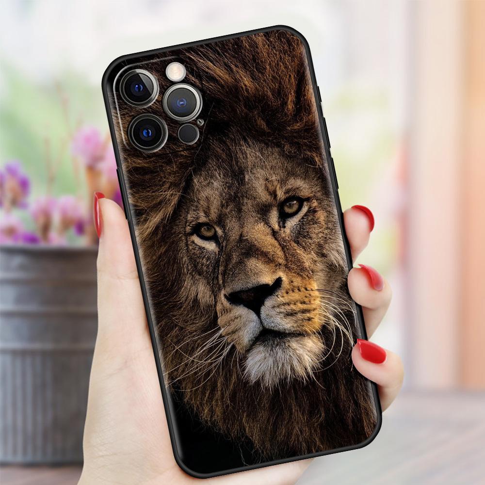 Case For Apple iPhone 13 11 Pro Max 12 Mini XR 7 8 Plus SE 2020 X XS 6 6S 5 5S Black Soft Silicone Cover Big Cat Animal Lion Sac