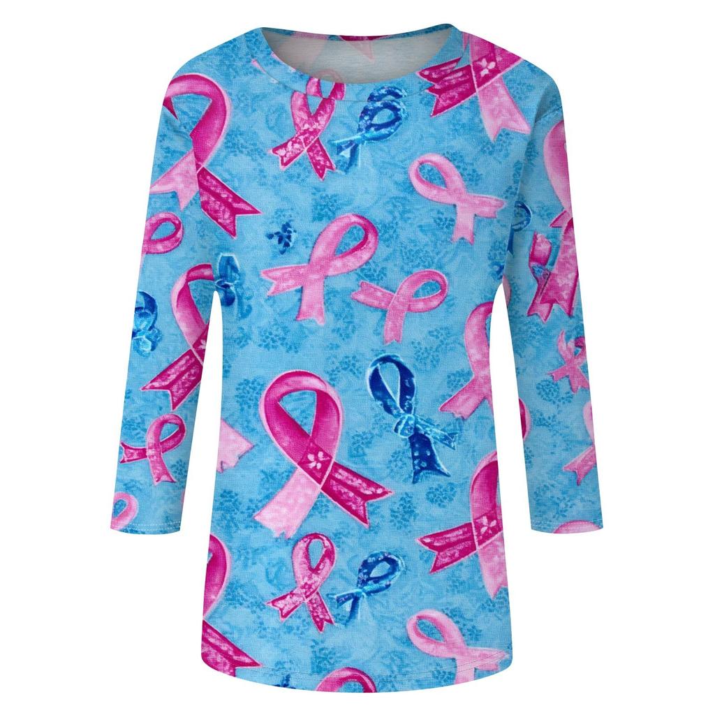 Women's Fashion Casual Seven Split Sleeve Printed Loose Round Neck Top