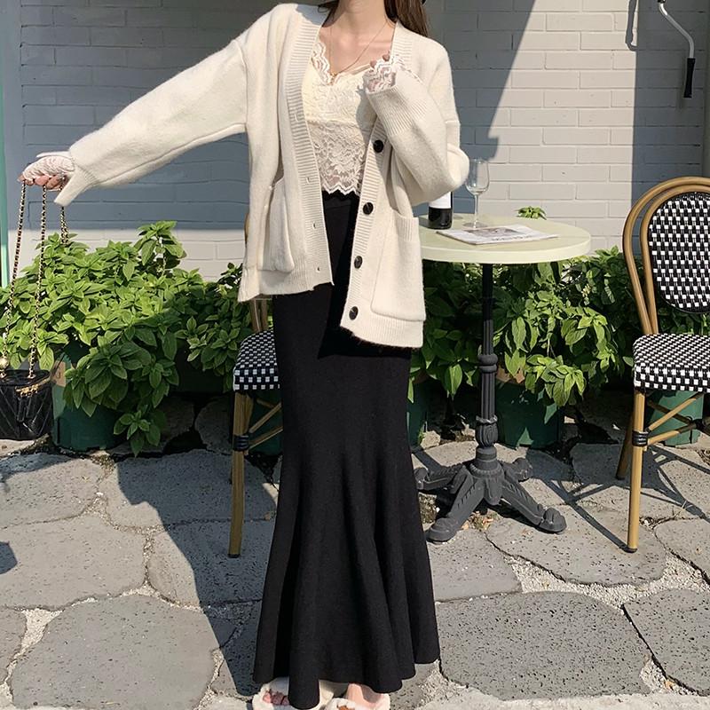 Women s High Waist White Knit Bodycon Fishtail Skirt - Autumn Winter 2025 Slim Fit L