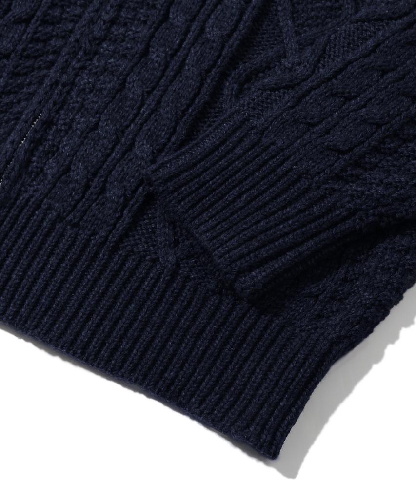 TRILLION Washable Aran Cable Hooded Zip-Up Knit (Current Navy)