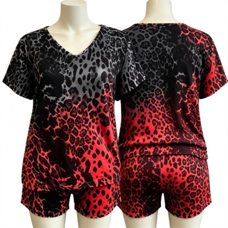 Summer European Streets Leopard Style Printed V-Neck Short Sleeved T-Shirt And Shorts Set Women's and Men's T-shirt Shorts Set