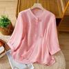 Women Shirt Round Neck 46085 Sleeve Buttons Placket Shirt Tops Pure Color Floral Embroidery